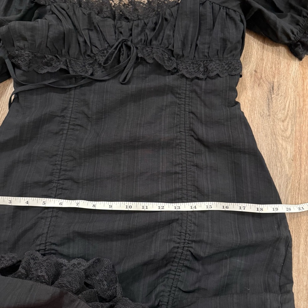 Ruched Mini Dress Women’s L Black Milkmaid Lace Drawstring Goth Dark Feminine - Picture 10 of 13
